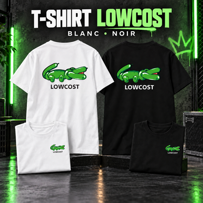 T-shirt LOWCOST blanc et noir – présentation recto et verso