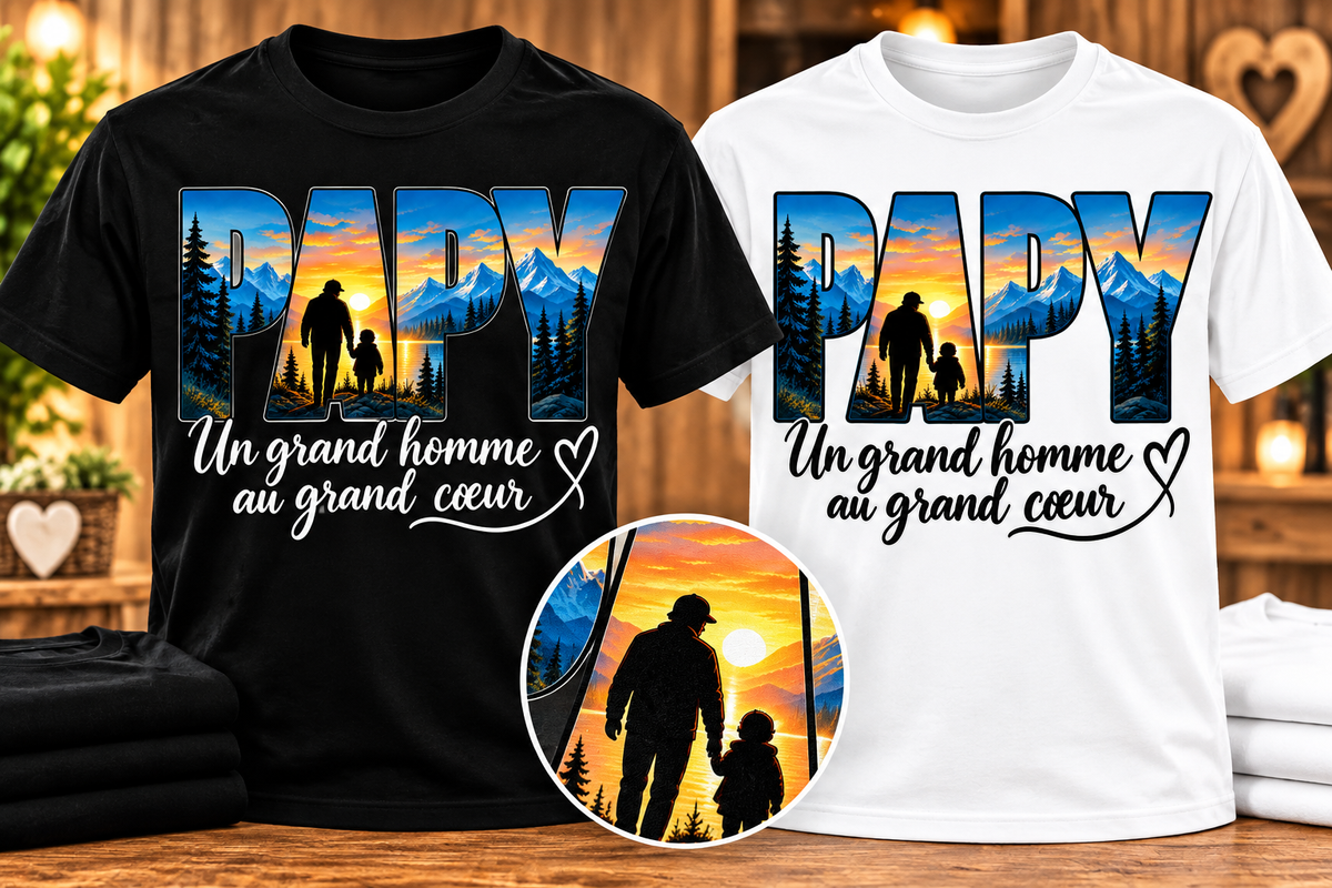 T-shirts Papy un grand homme au grand cœur noir et blanc
