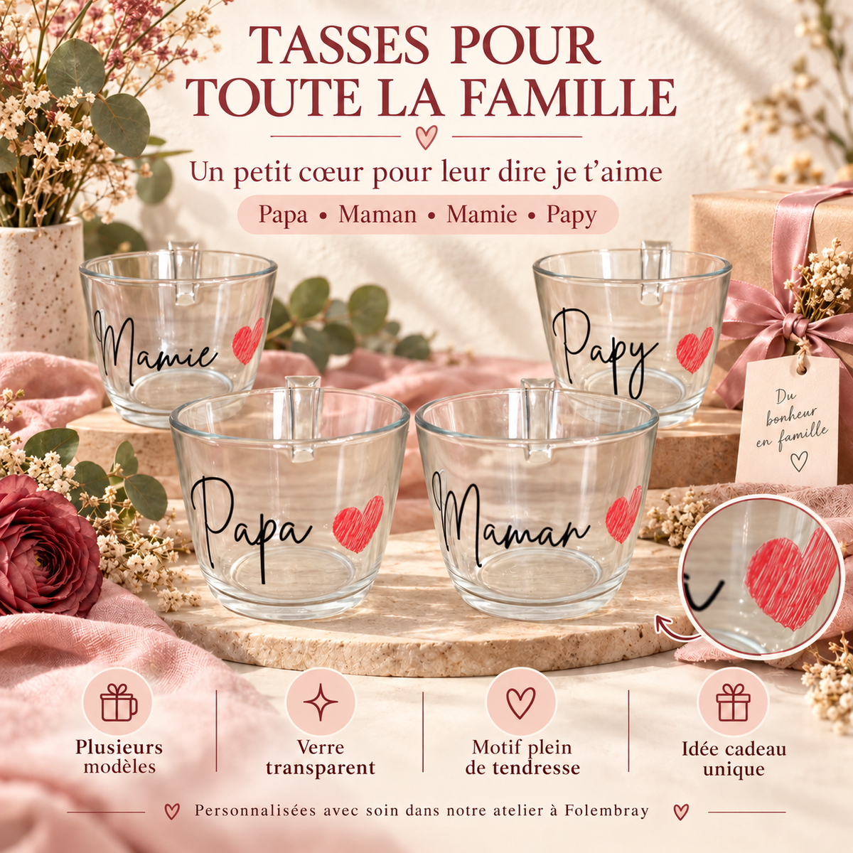 Tasses personnalisées Papa, Maman, Mamie et Papy avec cœur