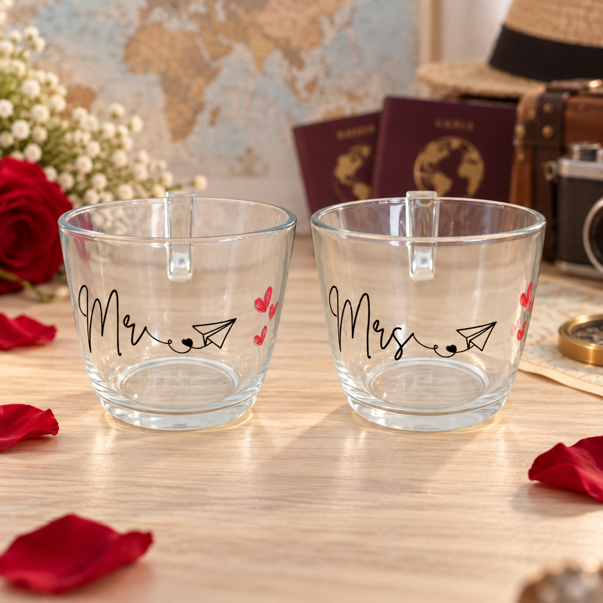 Duo de tasses transparentes Mr et Mrs dans une ambiance de voyage romantique