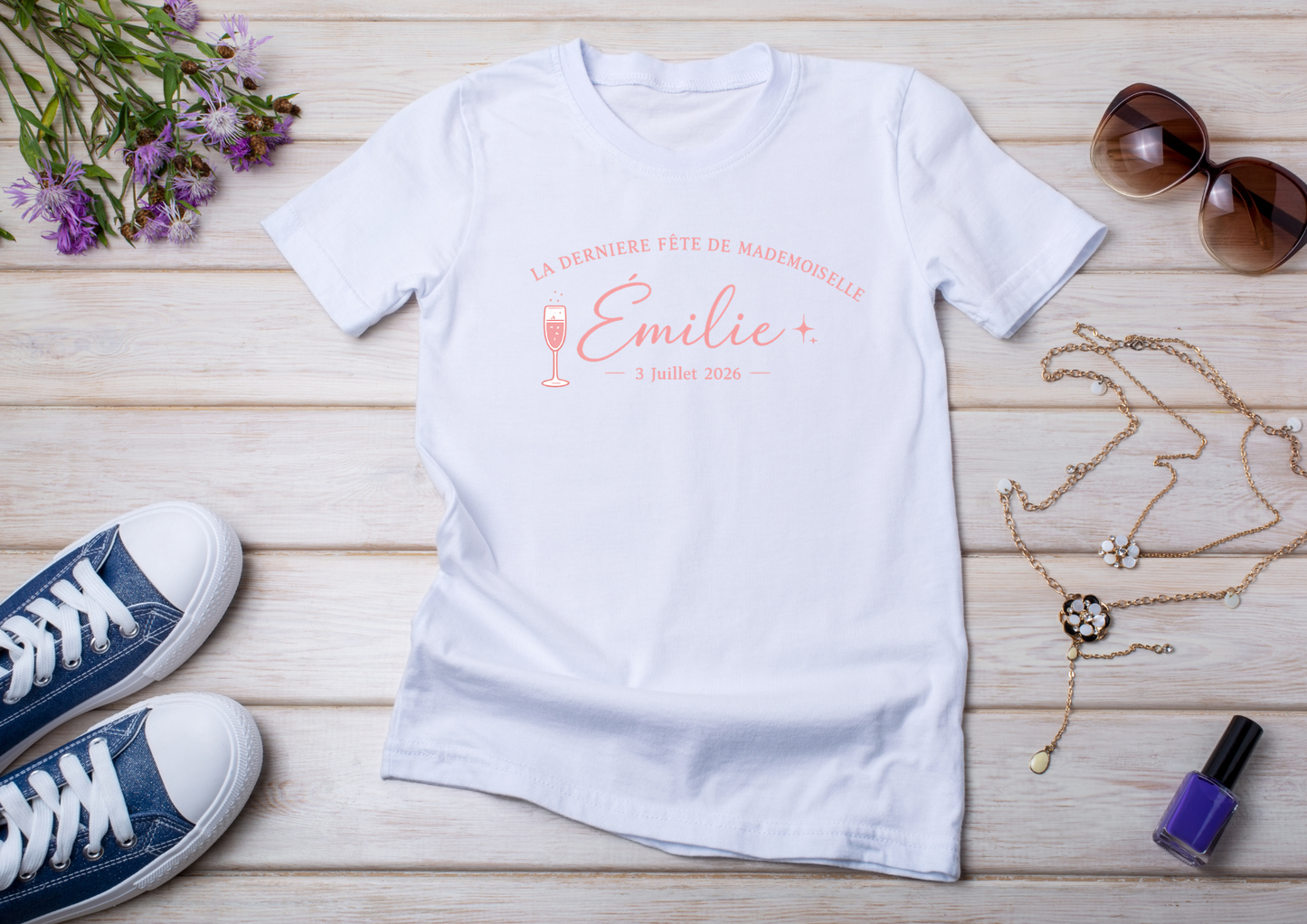 👰‍♀️ T-shirt EVJF Personnalisé – La Dernière Fête de Mademoiselle | Prénom & Date