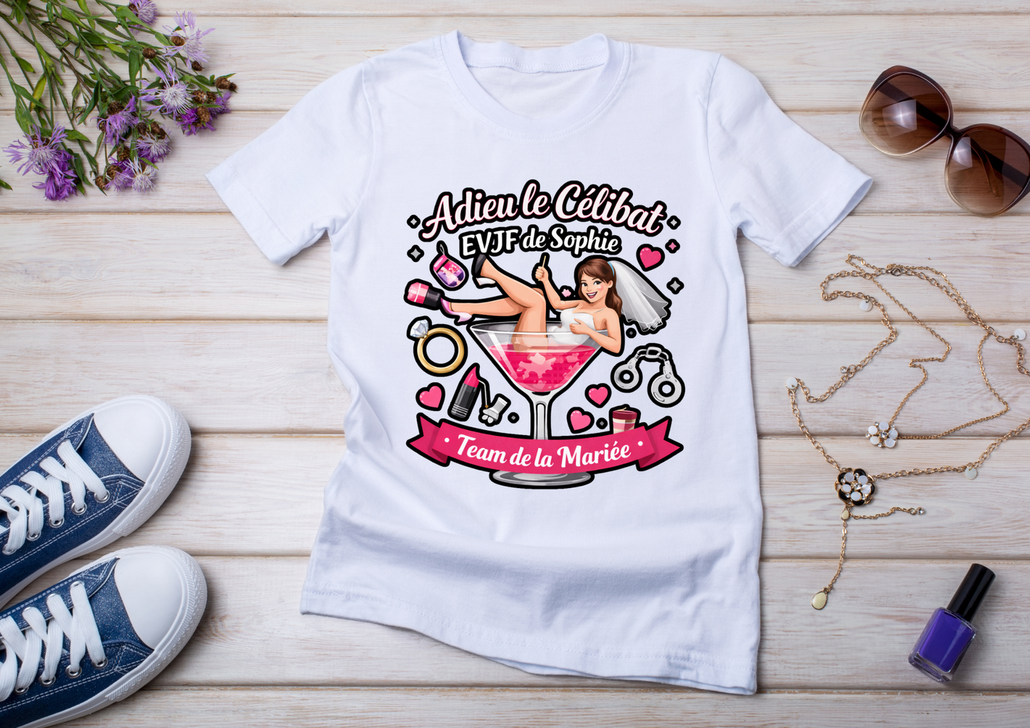 💄 T-shirt EVJF Personnalisé – Adieu le Célibat | Team de la Mariée