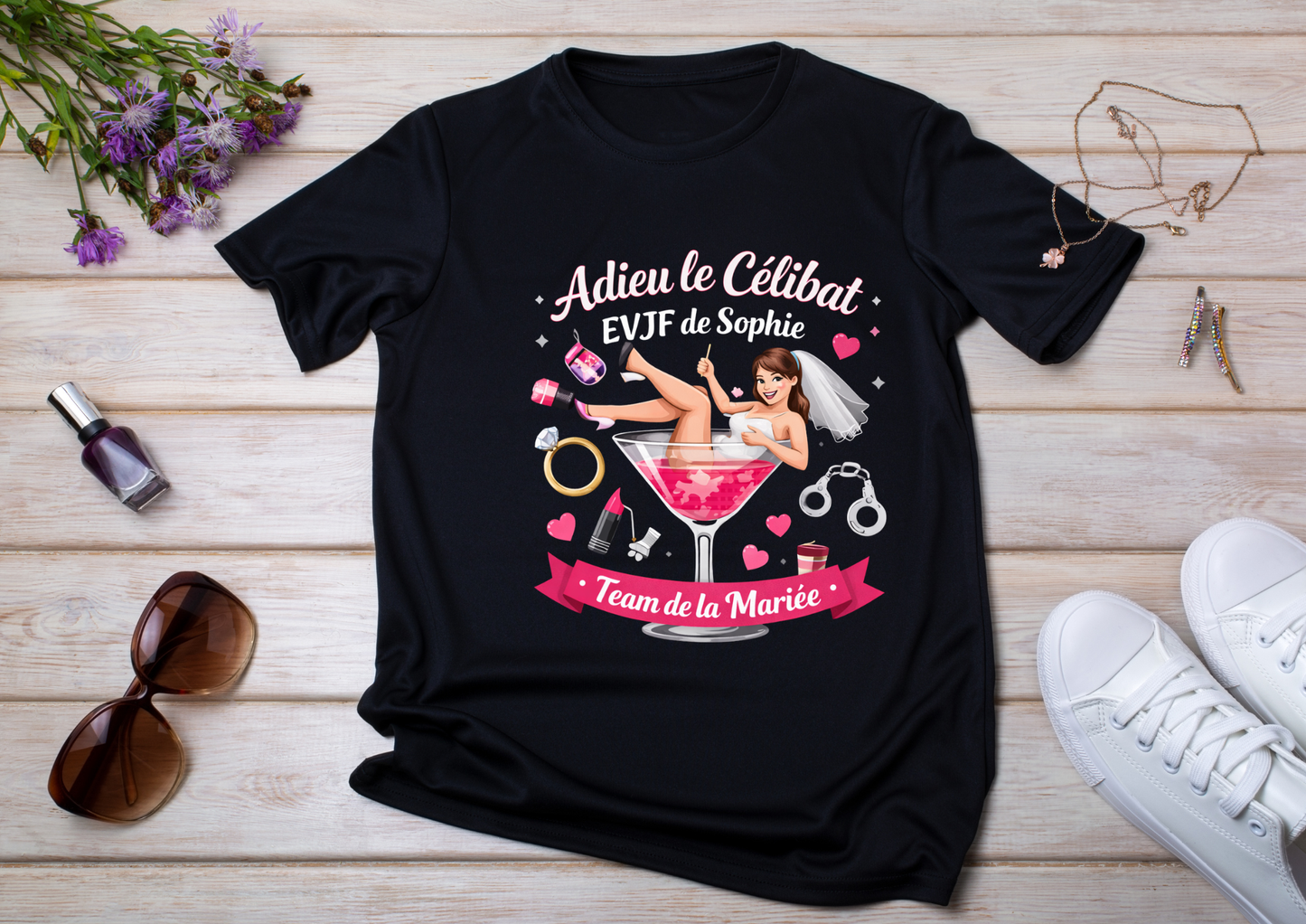 💄 T-shirt EVJF Personnalisé – Adieu le Célibat | Team de la Mariée