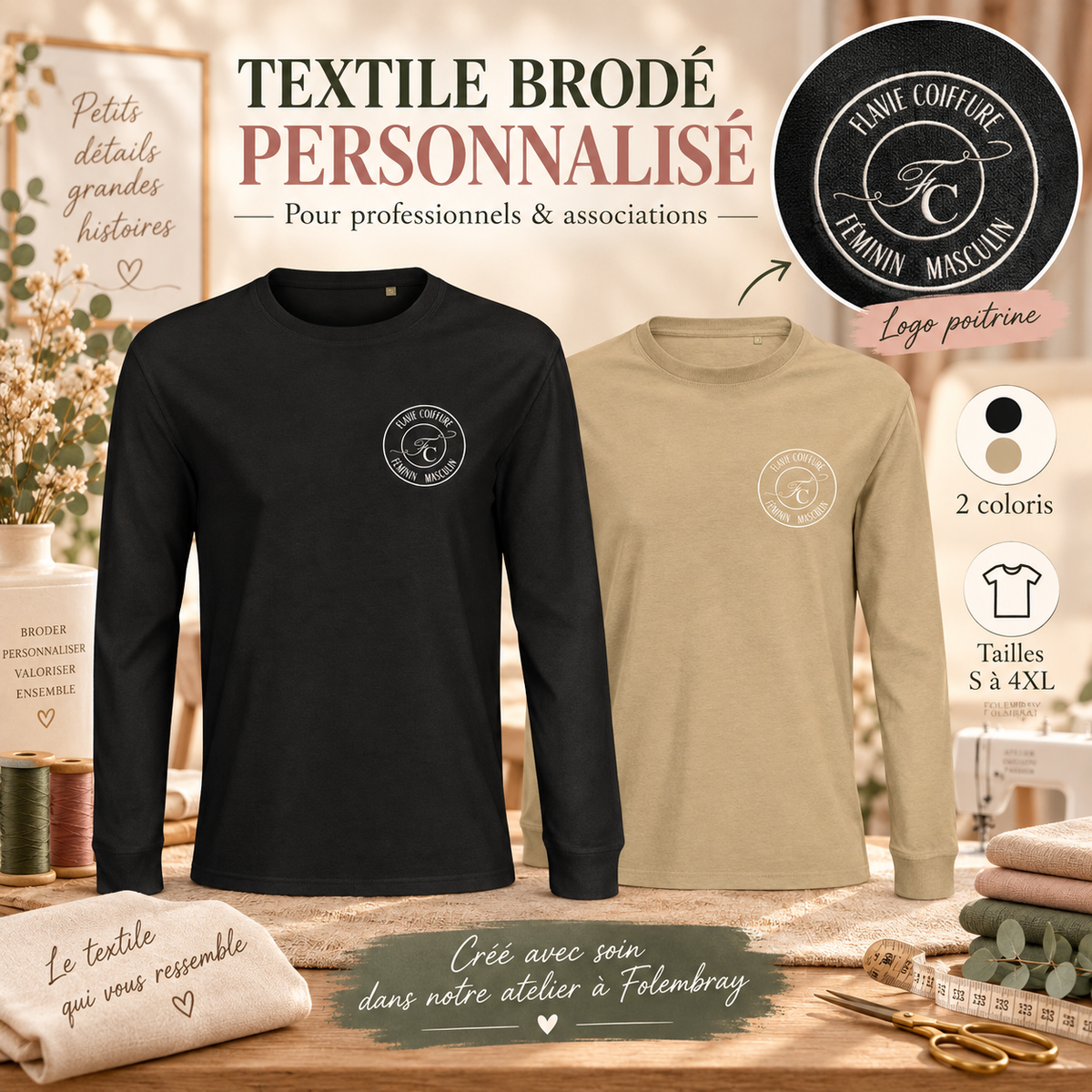 Textile brodé personnalisé noir et beige - création à Folembray