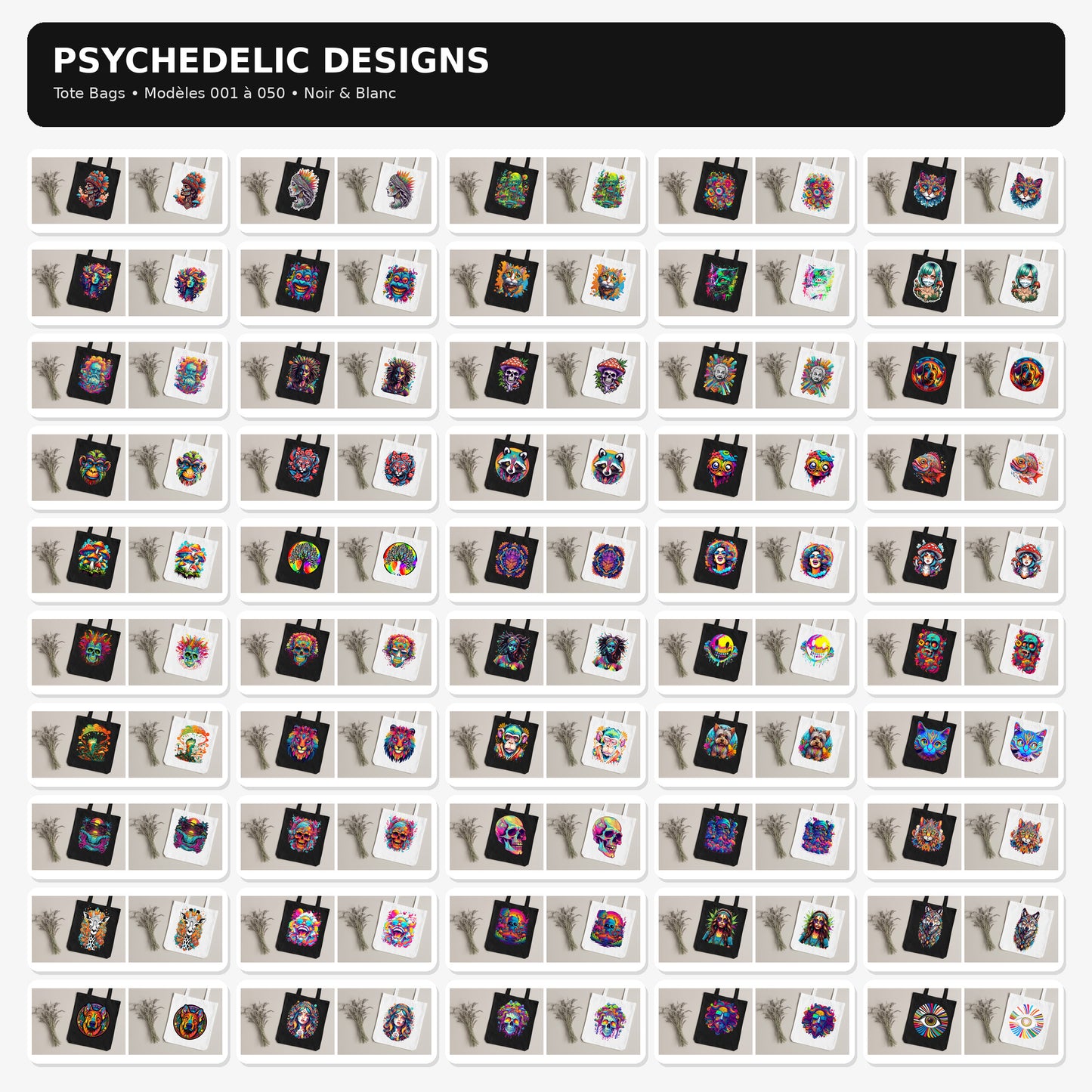 Tote Bag Psychedelic Designs – 100 modèles au choix – Noir ou Blanc