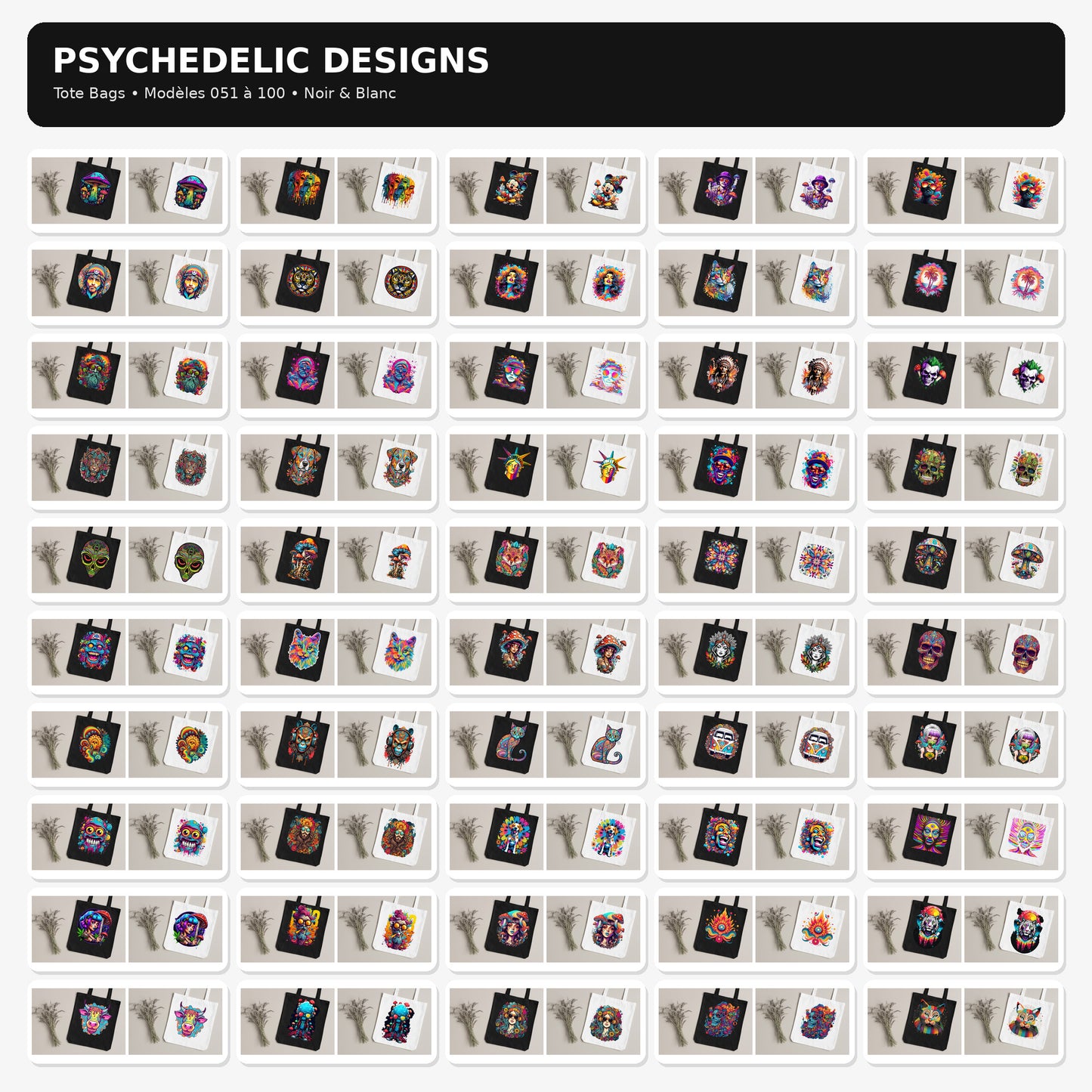 Tote Bag Psychedelic Designs – 100 modèles au choix – Noir ou Blanc